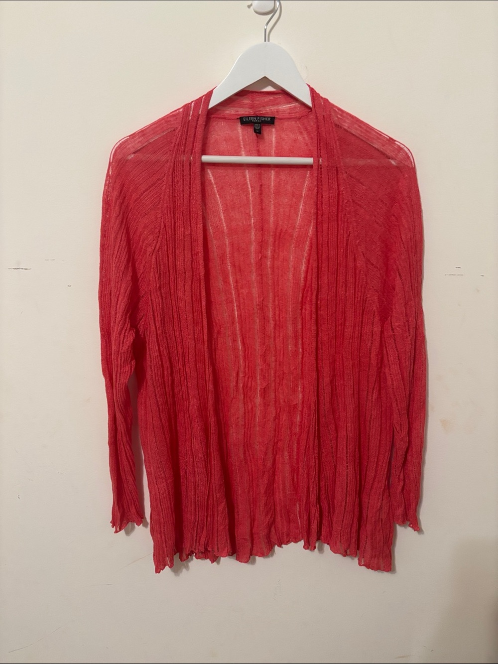 Eileen Fisher Open-Front Coral-Red Linen & Silk  Cardigan